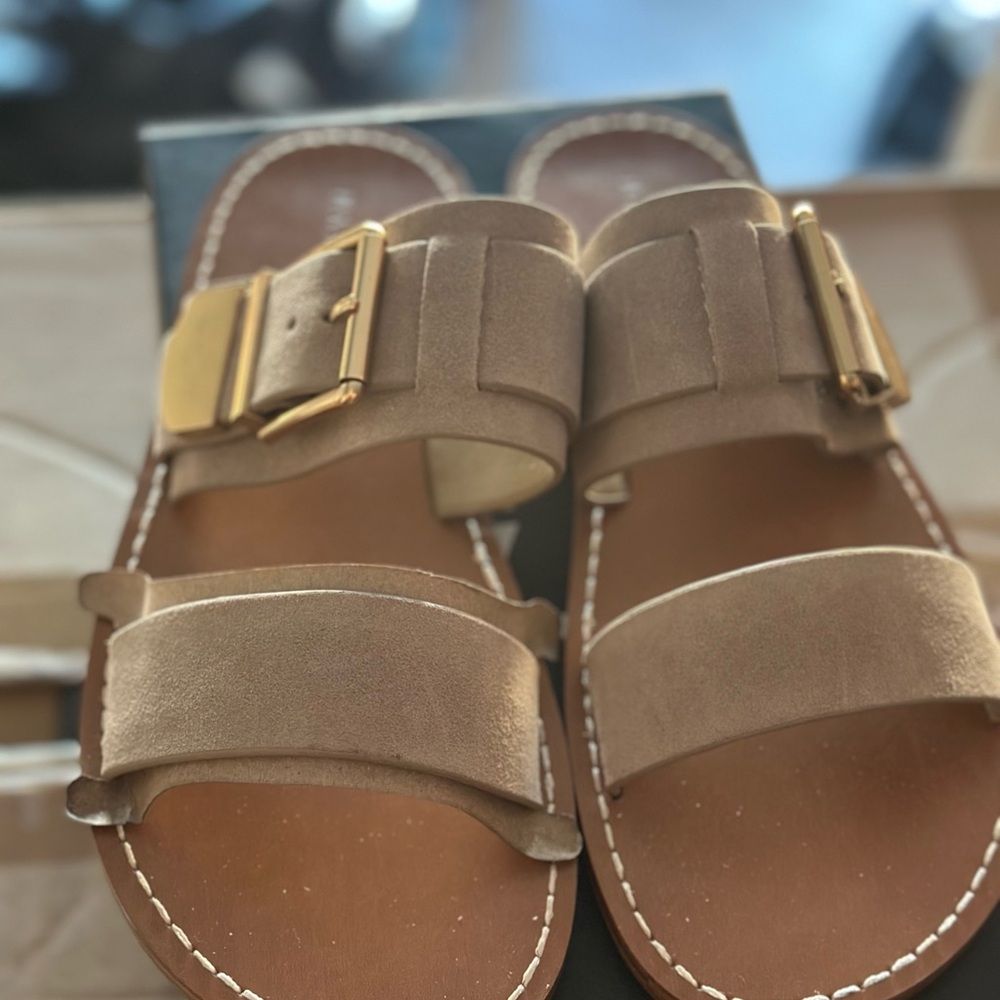 Marc Fisher Taupe Suede Double-Strap Sandals with Gold Buckles